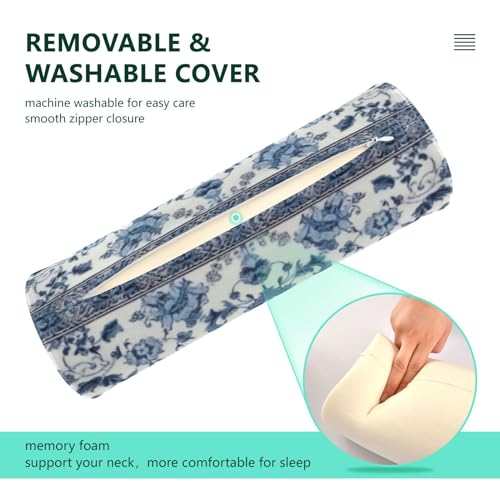 Kigai Cervical Pillow for Neck Pain Relief Memory Foam Pillow with Removable & Washable Cover Cylinder Round Neck Pillow Bolster Pillow for Legs, Bed, Neak, Back, Blue and White Pattern