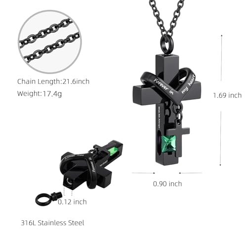 Cross Urn Necklace For Ashes Of Loved Ones With Birthstone - Forever in my heart - With Me Always Cremation Jewelry Keepsake Pendant Women Men