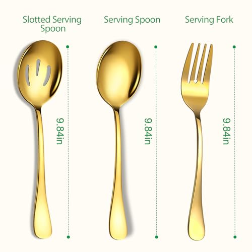 Set of 6 gold 10-inch serving spoons and forks from KEYOXY, including slotted and solid designs, for serving and entertaining.