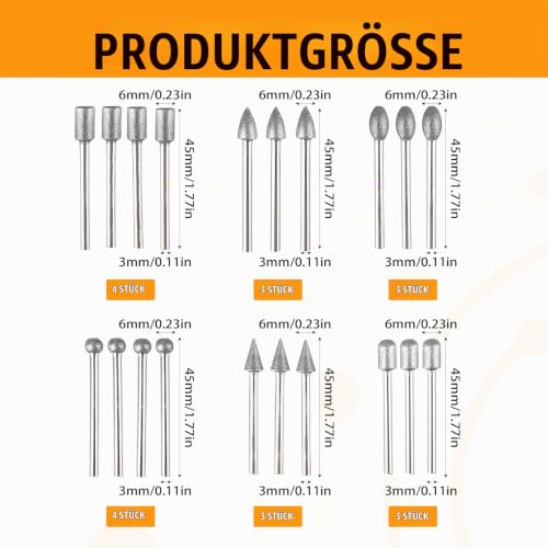 Diamond Cutter Set, 20 Pieces Engraving Pen, Diamond Burr Grinding Pins, Compatible with Dremel Rotary Tool Accessories with 1/8 Inch Shank, for Stone, Glass, Ceramic Carving, Grinding, Polishing, Engraving