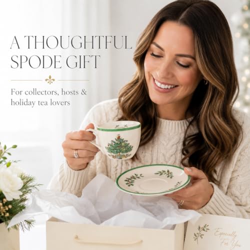 Spode Christmas Tree 7 Oz Teacup & Saucer Set - Holly & Mistletoe Accents