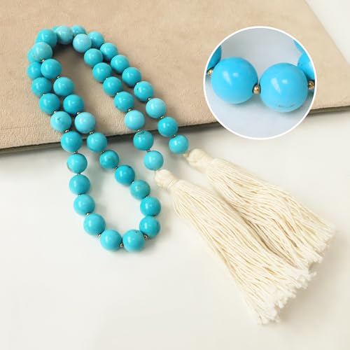 Gemstone Bead Garland with Tassel,31inch Farmhouse Rustic Country Table Decor Prayer Healing Beads Boho Wall Shelf Hanging Decoration (Turquoise Ball) Turquoise Ball
