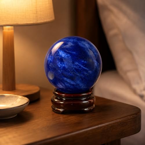 Blue Crystal Ball(70mm-2.75 inches) with Display Stand—Natural Sapphire Sphere for Decoration and Divination Blue-70mm 70mm/2.75inch