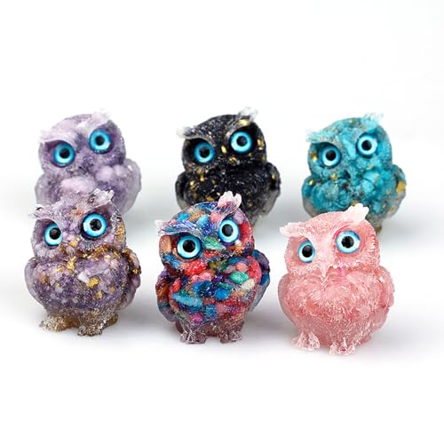 DIYOMR 2.4" Owl Statue Reiki Spiritual Healing Owl Figurine Energy Fengshui Gemstone Crystal Animal Sculpture Attract Wealth Lucky Home Office Desk Decor (7 Chakra) 7 Chakra