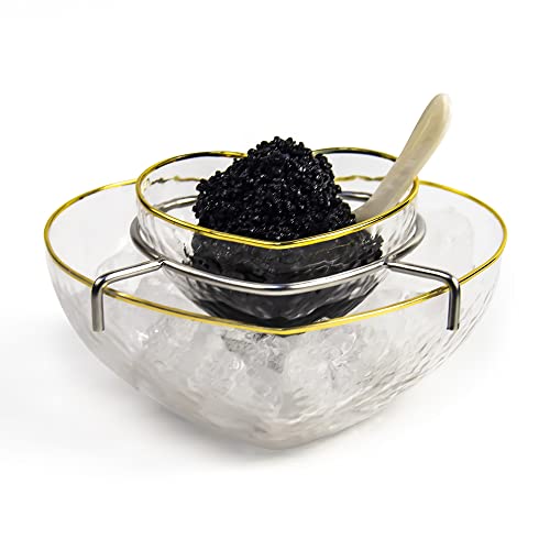 DUEBEL Glass Caviar Dish, Gold-plating Edge Heart Shape Caviar Server Set Plus 2 pcs. x Mother of Pearl Spoon – Caviar Chiller, Shrimp Serving Chiller for Bar, Restaurant, Catering Events