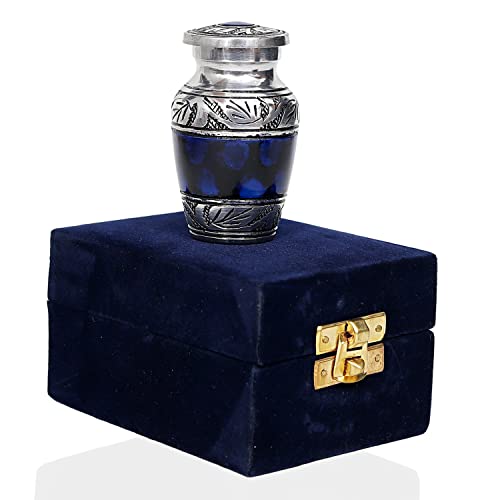 HLC Blue Hand Engraved Small Keepsake urn - Cremation Urn with 1 Velvet Box Bag, 3 cu.in Aluminium, Lovely Blue Pattern, Polished Finish, Decorative Urn