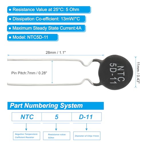 PATIKIL NTC Thermistors Resistors 30 Pieces 5 Ohm NTC5D-11 Highly Sensitive Current Limiter Temperature Sensor for Measuring Temperature Black | Highly sensitive current limiter temperature sensor, for measuring temperature