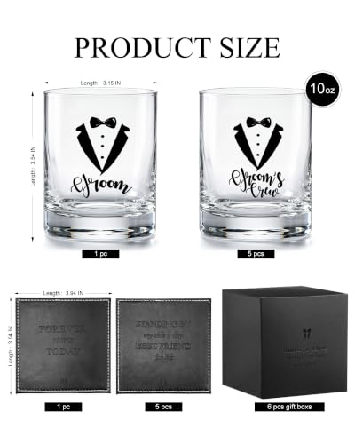 Set of 6 Engraved Whiskey Glasses for Groomsmen Gifts – 1 Groom + 5 Groom's Crew Rocks Glasses with Leather Coasters & Gift Boxes for Wedding, Bachelor Party Favors