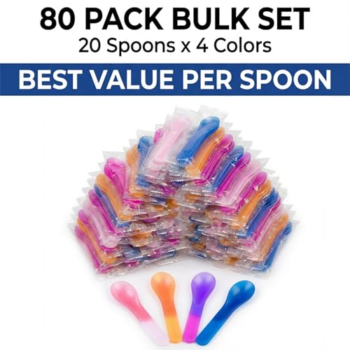 Color changing dessert spoons by Gugowin, 80-pack with pink, blue, orange, and purple individually wrapped ice cream spoons.