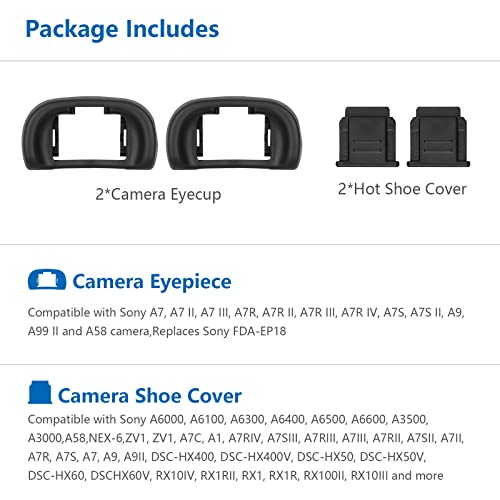 Updated Soft Silicone Camera Eyepiece Eyecup for Sony A7III A7II A9 A7S A99II A58 A7 A7R IV A7RIII A7SII, 2Pack Camera Hot Shoe Cover for Sony + 2Pack Camera Eye Cup Replacement for Sony EP-18