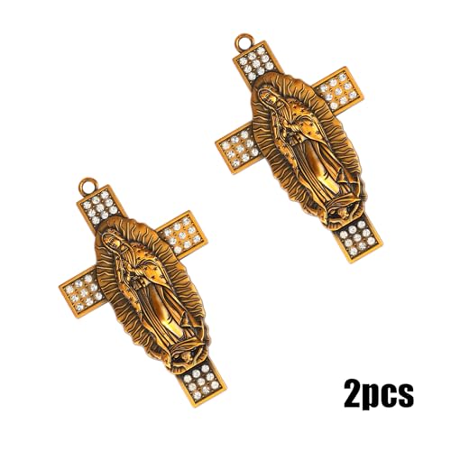 Gorgeoos 2 Pack Our Lady of Guadalupe Cross Wall Decor, Gold Plated Rhinestone Religious Wall Hanging Ancient Gold