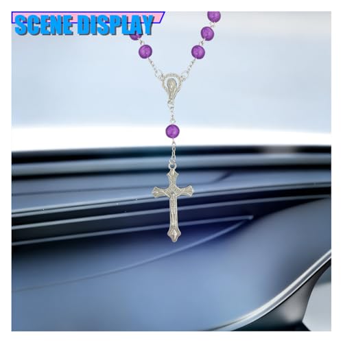 Craedli 2PCS Rosary Car Rear View Mirror Charm, Personalized Medal and Cross Automotive Interior Pendant, Universal Vehicle Mirror Hanging Ornament Accessories for Women Men(Purple) Purple