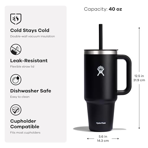 Hydro Flask Travel Tumbler with Handle, Lid and Straw - Insulated Stainless Steel in 40 Oz Glimmer Pink 40 Ounces