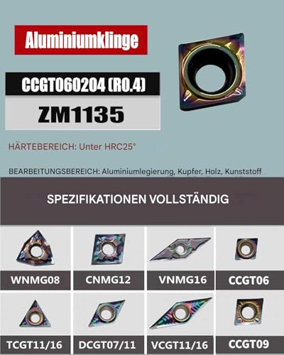 CCGT060204-AK CCGT21.51 R0.4 Aluminium Inserts, DLC Colour Coated, Carbide Rotary Inserts for Drilling and External Circular Cutting for Aluminium, Copper and Plastic, Pack of 10 CCGT060204 Coloured Coating