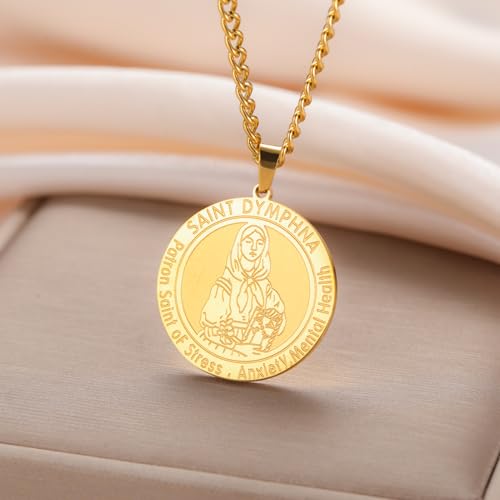 TEAMER Dainty Saint Dymphna Medal Necklace Patron Saint Pendant Stress Anxiety Mental Health Religious Jewelry with Protective Amulet Gold
