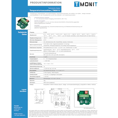 Active Temperature Transducer, 0-10 V, incl. Sensor PT1000, Adjustable Measuring Range, Active Sensor Monitoring (2 m Sensor Silicone Cable) 2m Silikon-Leitung