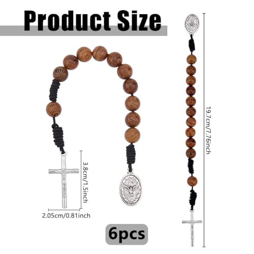 DICOSMETIC 6Pcs Saint Benedict Medal Pocket Rosary Open Style One Decade Rosary Wood Beads with Antique Silver Medal and Crucifix Catholic Christian Religious Gift Pack for Men Women