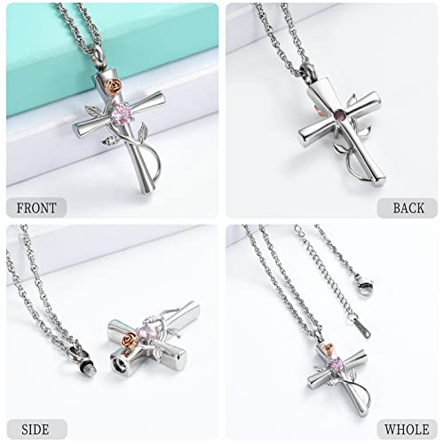 wonderful jewerly Custom Double Cross Cremation Urn Necklace Keepsake Ashes Memorial Pendant with Free Double Buckle Chain (Pink Birthstone) Pink