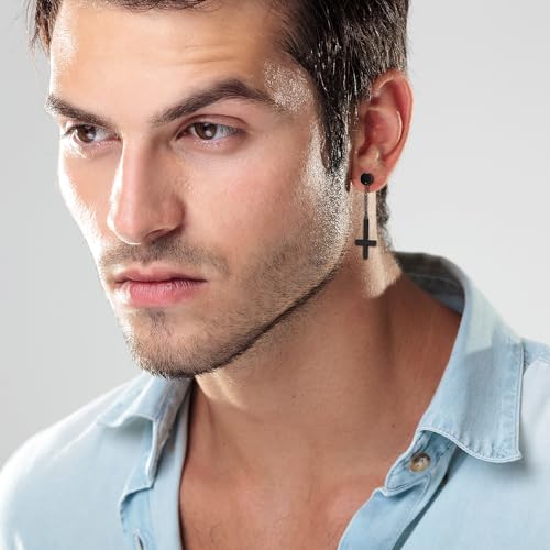 Cupimatch Gothic Inverted Cross Earrings: Stainless Steel Cross Earrings for Men Women Religious Jewelry Gift black