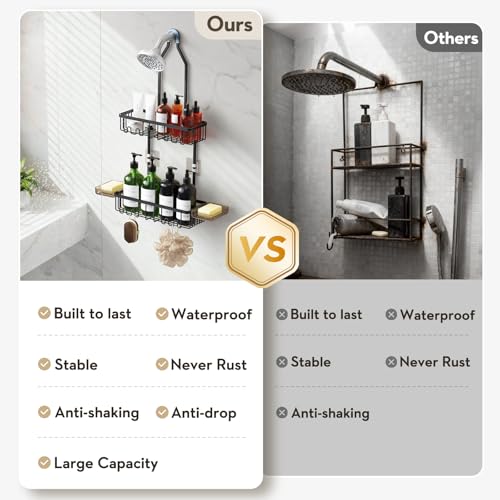 Shower Caddy Hanging, Shower Organizer Hanging, Aluminum Shower Racks for Inside Shower with Hooks for Razor, Never Rust Bathroom Organizers and Storage with Soap Holder, Black