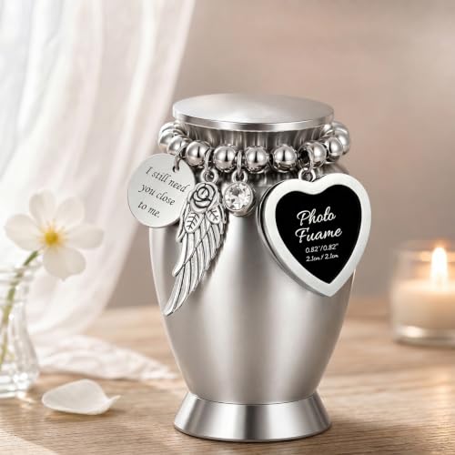Small Urns for Human Ashes, Metal Cremation Urns for Both Humans and Pets with Velvet Bag and Spoon, Heart-Shaped Photo Frame, Suitable for Funeral, Burial, and Memorial Ceremonies