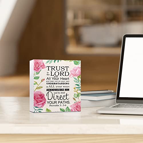 Proverbs 3:5-6 Trust in the Lord with All Your Heart Wooden Box Sign,Christian Desk Decor for Women,Religious Wood Signs,Bible Scripture Shelf Decor,Christian Faith Décor