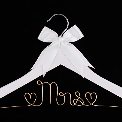 Ella Celebration Mrs Wedding Dress Hanger, Wood and Wire Hangers for Bride to be Gown (White with Light Gold Wire) White With Light Gold Wire