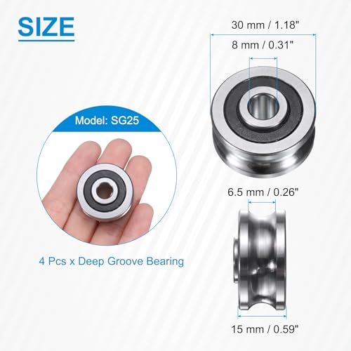 sourcing map 4Pcs SG25 Deep U Groove Ball Track Guide Bearing 8mm ID x 30mm OD x 15mm Width Double Sealed Pre-Lubricated GCr15 High Carbon Chrome Bearings for Dual-Axis Guide Rails, Silver 4