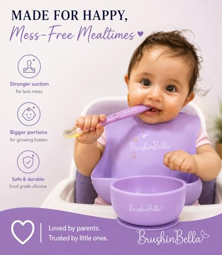 Baby Feeding Supplies - Complete Baby Feeding Set with Baby Plate, Baby Spoons First Stage, Silicone Bib and Snack Cup - Infant Eating Utensils and Baby Bowl with Suction Purple Violet