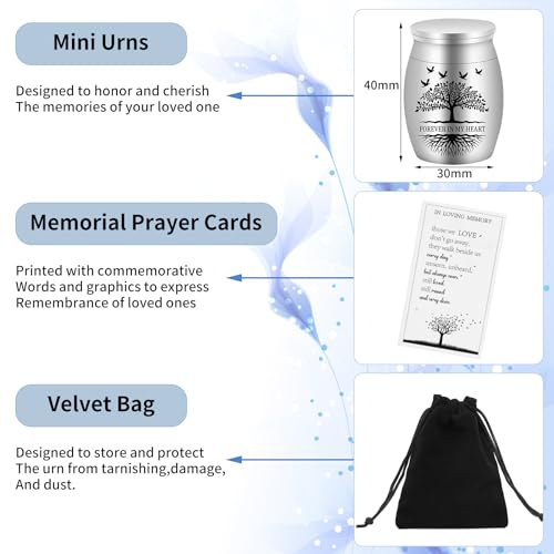 6 Set Small Urns for Ashes Cremation Urns 1.57 Inch Silver Ashes Keepsake Funeral Urn with Memorial Cards and Velvet Bag for Human Pet Ash (Tree of Life) 6 Set Tree of Life mini