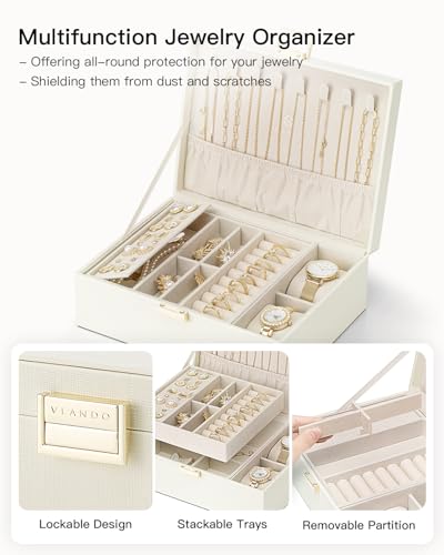 VLANDO Jewelry Box, 2-Layer Design with Tray and Watch Pillow,Cream White 01-Cream White-Watch Pillow