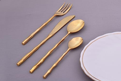 DeKulture Handmade Pure Brass 4-piece gold cutlery set, including serving spoons and forks for dining and serving.