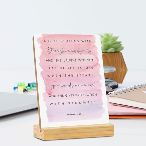 MUBIAO Inspirational Bible Verse Rustic Wooden Plaque with Stand, Proverbs 31:25-26, 4x5 Inches, Wood Material Multicolor459