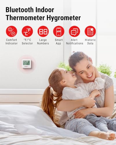 ThermoPro TP357-3 80 m Bluetooth Hygrometer Indoor Set of 3 Room Thermometer Digital with App Mini Thermometer for Indoor Use with Smiley Indicator Data Graphic for Indoor, Office, Wine Cellar, | Bluetooth Humidity Meter up to 80 m, Comfort Display, ±0...