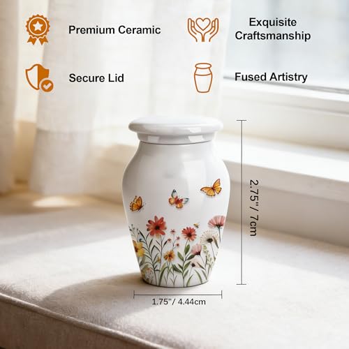 Small Keepsake Urns for Ashes, Set of 4 - Wildflower Ceramic Memorial Urns with Gift Box for Cremation Jewellery, Tokens & Ashes Wildflower - Set of 4