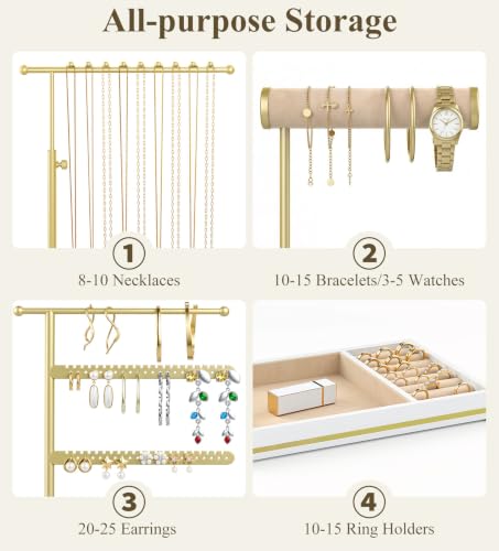 Emibele Necklace Holder Jewelry Organizer Stand, 5 Tier Jewelry Holder White & Gold