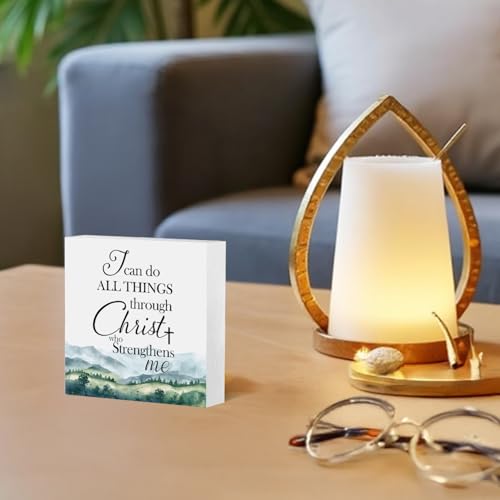 Christian Wooden Box Sign, Bible Verse Decor, I Can Do All Things Through Christ Religious Scripture Wood Block Plaque Signs for Home Office Church Desk Table Shelf Decor, 5x5 Inch Christian - I Can Do All Things