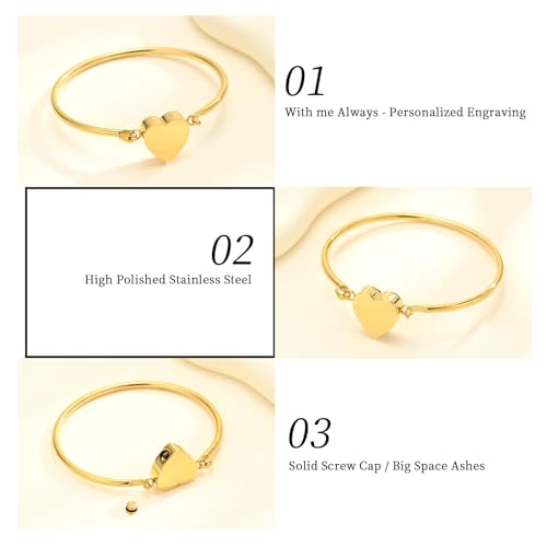 Oinsi Heart Urn Bracelet for Ashes, Cremation Jewelry Leather Bracelets for Men Women, Memorial Jewelry With Filling Kits Gold
