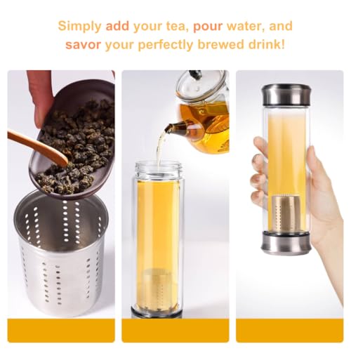 Double Wall Glass Tea Bottle with Infuser - Loose Leaf Tea Steeper, Insulated Cup, Fruit Brewer, Glass Mug With Double Lids - Portable Brewer - Water Infuser Bottle - 13.5 & 10 oz (13.5 oz)