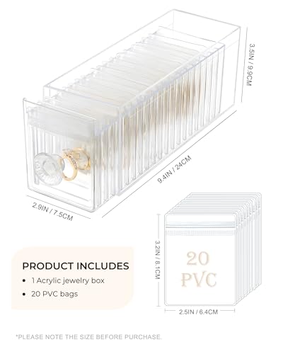 HOMEHIVE Clear Acrylic Jewelry Organizer Box with 20 Portable Pouches, Jewelry Storage Case for Women Girls, Tangle-Free, Anti-Tarnish, Compact Storage for Necklaces/Earrings/Rings, Upgraded Clear Upgraded Clear Jewelry Box