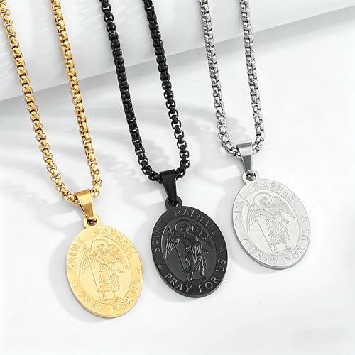 Patron Saint Medal Necklace for Men Women, Stainless Steel, 24" Silver Saint Raphael
