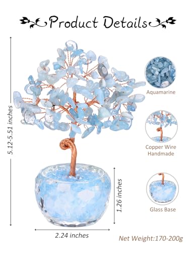 PESOENTH Aquamarine Crystal Tree of Life,Healing Crystal Stone Tree Spiritual Gifts for Women Mom Birthday,Blue Gemstone Trees Feng Shui Home Room Decor for House Warming Gifts Aquamarine Crystals Tree