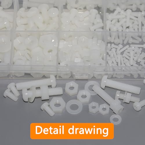 AvrestYPT nylon hex head screws, bolts, nuts and washers assortment set in M2-M6 sizes, 500 pieces