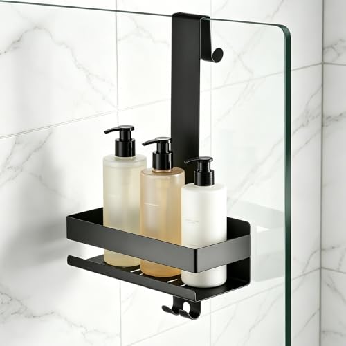 SHUNLI Hanging Over Door Shower Caddy - No Drilling Organiser Rust-Resistant Shower Organizer Hanging, Bathroom Storage Rack Shelves With Hook (Black) Black 1 Tier
