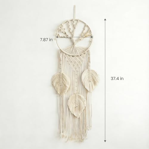 White Macrame Dreamcatcher Wall Hanging, 37” Long Vertical Boho Decor with Feathers & Tree of Life, Handmade Cotton Weaving for Bedroom, Meditation Space, Yoga Studio - Calming Spiritual Gift