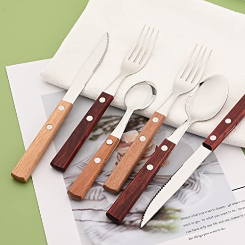 Wooden Handle Flatware Set, Knives Forks Spoons Set for 6, 24-Piece 304 Stainless Steel Kitchen Utensils Set, Silverware Set with Wood handles, Red Wood with Rivet & Retro Style Cutlery 24-Piece Service for 6