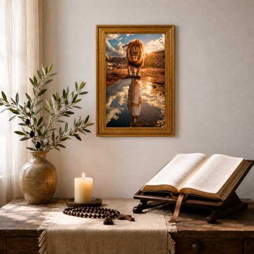 Lion of Judah Jesus Wall Art, Gold Framed Christian Decor, 12x16 inch 16"L x 12"W