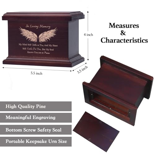 6 Inch Small Wooden Urn for Human Ashes - Keepsake Urn for Men & Women, Funeral Ashes Holder, Wooden Urn Box and Casket with Wing Design Design: Wing