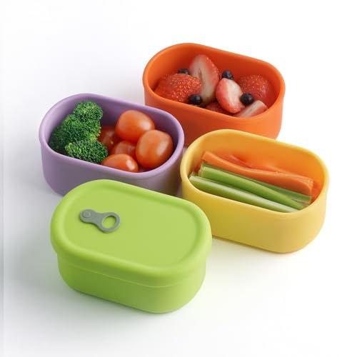 Colorful SIMVOLA Korean silicone food containers with steam vents, 12 fl oz, 4-piece set for storing and reheating food.