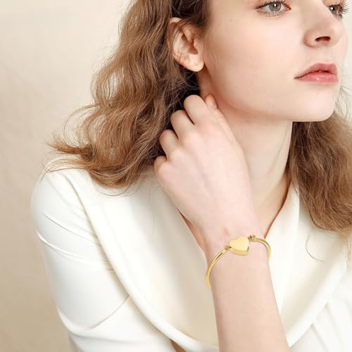 Heart Urn Bangle Bracelet for Ashes - Stainless Steel Cremation Jewelry for Ashes Engravable Memorial Keepsake Waterproof Ashes Holder Bracelet Unisex Sympathy Gift for Men & Women Gold